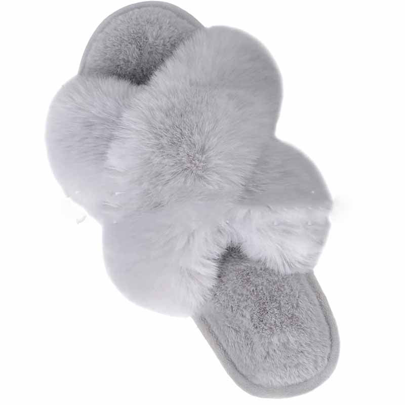 Flauschige Damen Pantoletten mit gekreuzten Riemen